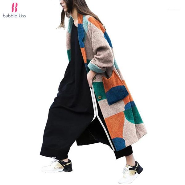 

women's wool & blends spring autumn fashion coat printed pocket jaket color matching female loose jacket lapel avant-garde woman's, Black