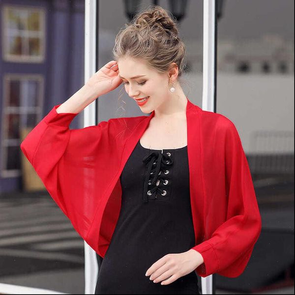 

women blouse summer shirts batwing sleeve short kimono cardigan simple chiffon loose ladies sun protective, White