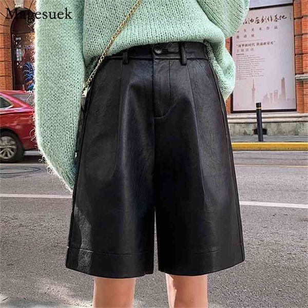 

pu leather casual high street biker shorts solid waist women pockets zipper fly loose femme 10997 210518, White;black