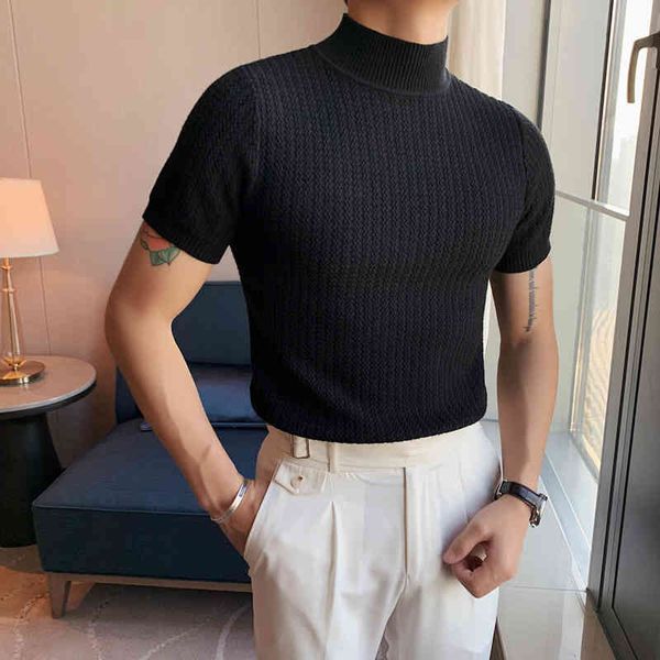 

2021 spring men's slim fit half high casual fashion handsome t-shirt medium neck short sve knitted sweater bottomed shirt, White;black
