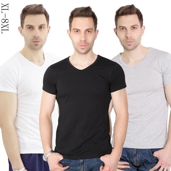 

men's t-shirts summer men elastic v-neck pure cotton tees & male short sleeve t shirt undershirt plus size - 8xl black white grey, White;black