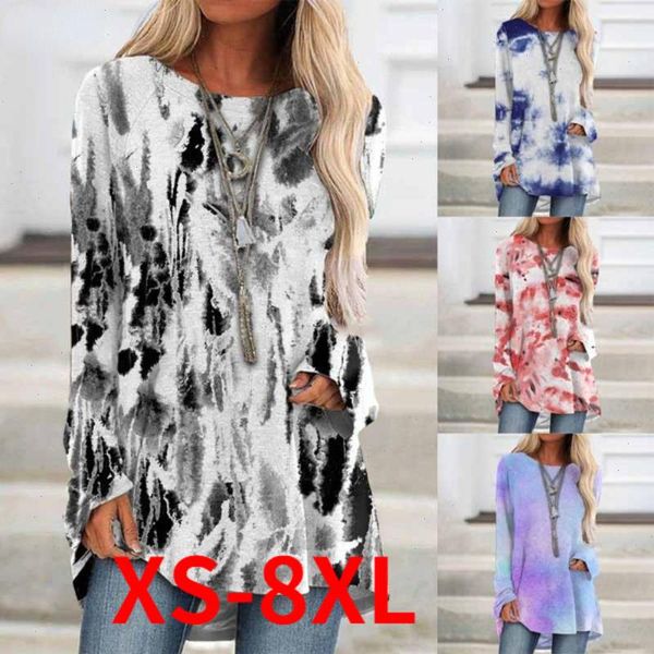 

womens abstract geometric painting t-shirt long sleeve printed round neck plus size xs-8xl fashion loose, White