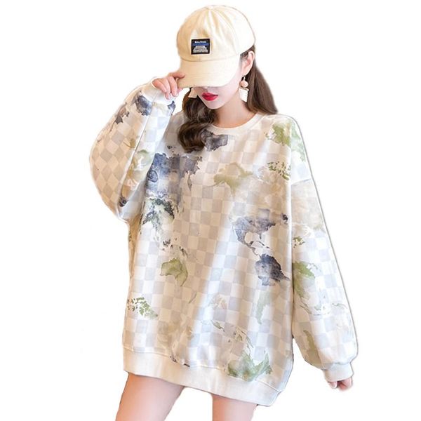 

women's hoodies & sweatshirts 2021 autumn winter women print plaid daily casual loose o neck sweatshirt femme street fashion pullo, Black