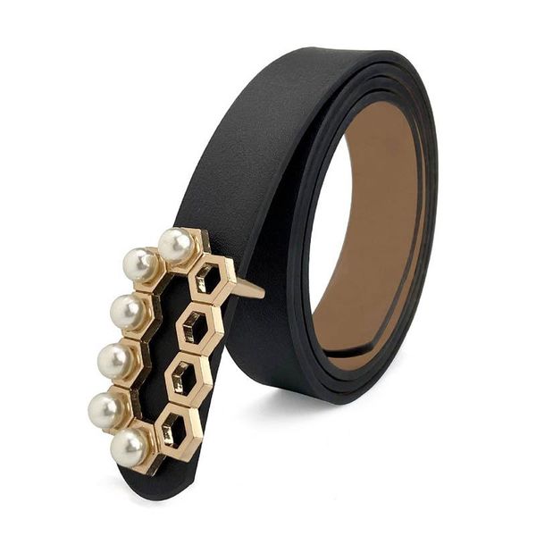 

belts 2021 pearl irregular metal buckle women solid color pu leather waistband decoration straps for dress skirt ladies, Black;brown