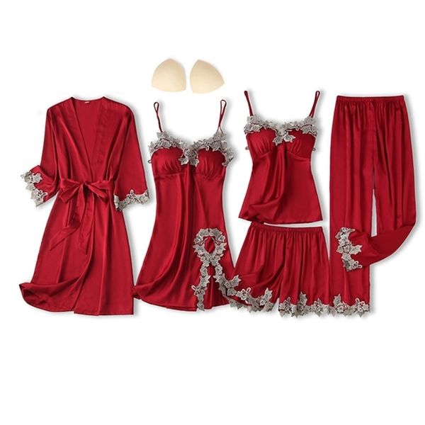 

women pajamas 5pcs satin sleepwear pijama lace home wear clothing embroidery sleep lounge pyjama with chest pads 211106, Black;red