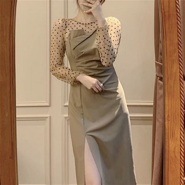 

dresses elegant dot women office lady patchwork vintage midi casual long sleeve one-piece dress korean autumn chic, Black;gray