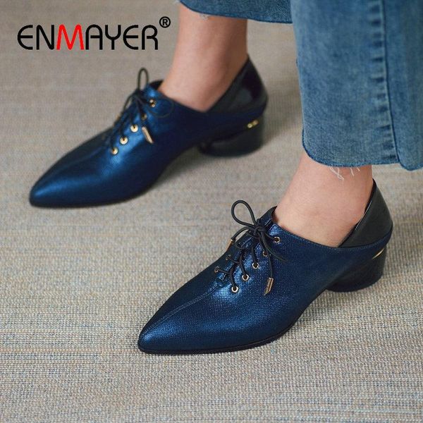 

dress shoes enmayer 2021 genuine leather high heels basic party pointed toe lace-up ladies square heel bling womens size 34-42, Black