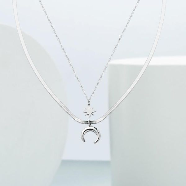 

pendant necklaces fashion double layer star and moon titanium steel snake bone necklace temperament, Silver