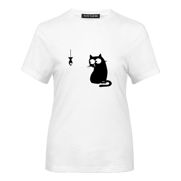 

women's t-shirt women summer cartoon cute cat print thin graphic funny t shirts large size female shirt, White