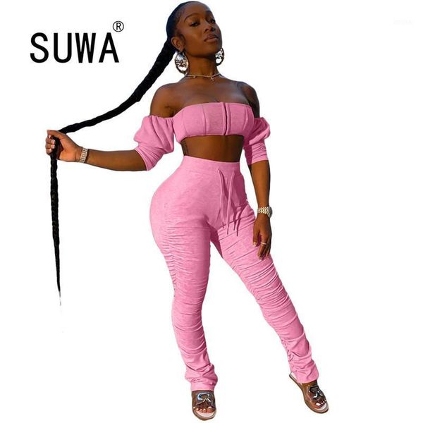 

women fashion simple solid color chest wrap crop and tight leggings 2 pieces set high street lady outfits two piece dress, White