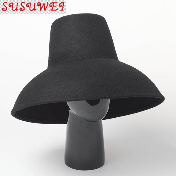 

fall wide brim 100% wool french minimalism style bucket hat hats, Blue;gray