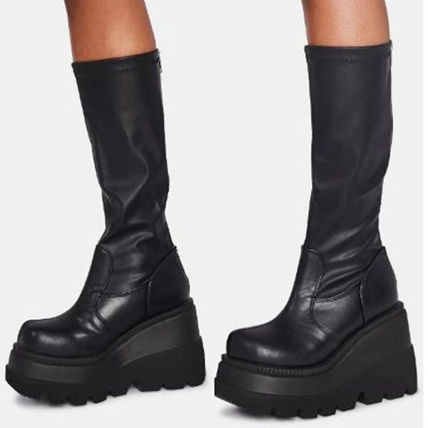 

fashion platform women boots black leather heel mid-calf for zipper winter