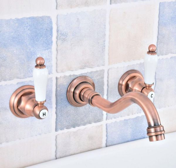 

bathroom sink faucets antique red copper brass widespread wall-mounted tub 3 holes dual ceramic handles faucet mixer tap asf525