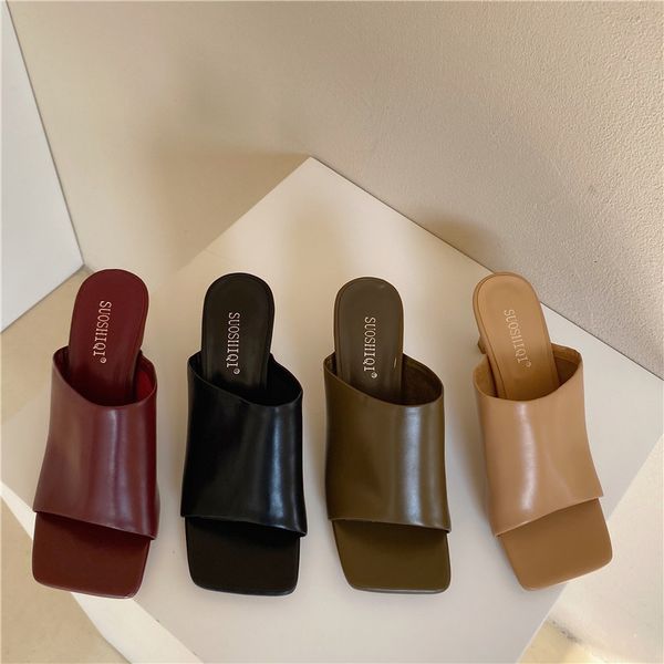 

sandals women slides 7cm high heels dark green mules fetish summer slip on open toe low slippers prom sandles shoes 9fpu, Black