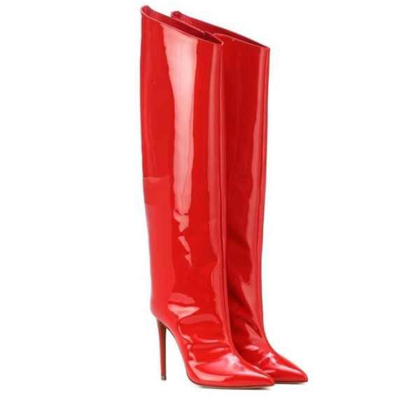 

12cm slim heel women knee high boots patent leather runway pointed toe solid color clubwear party night club shoes woman black 210507