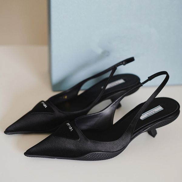 

sandals slippers p family 2021 spring and summer new triangle label pointed cat heel shoes back trip strap high heels fashion sandals women, Black
