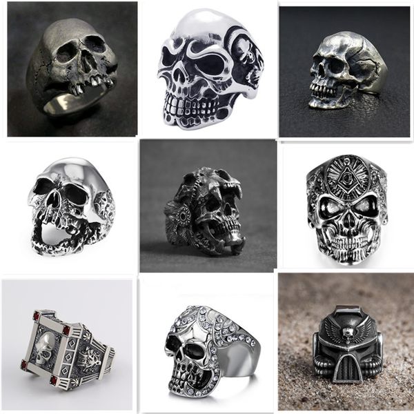 

wholesale gothic skull ring vintage silver color punk biker metal jewelry rock skeleton rings size 16mm to 22mm mix style