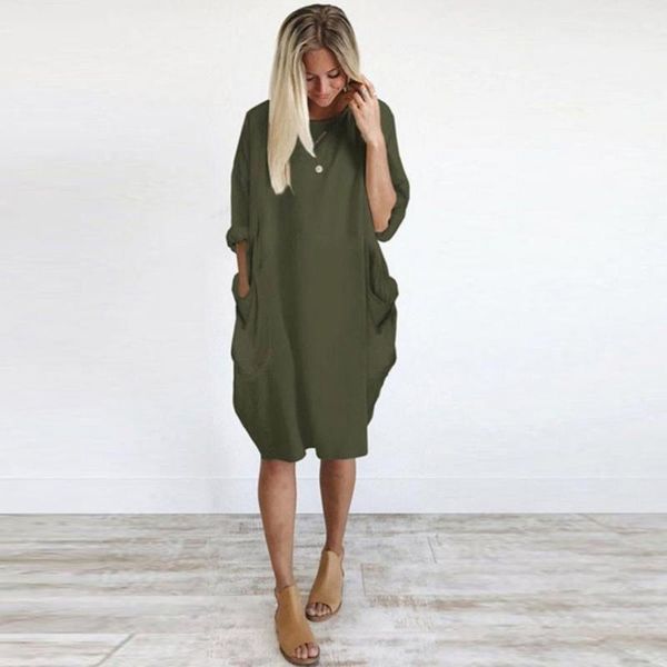 

women casual solid color o neck long sleeve pockets knee-length baggy dress vestidos streetwear dresses woman plus size, Black;gray