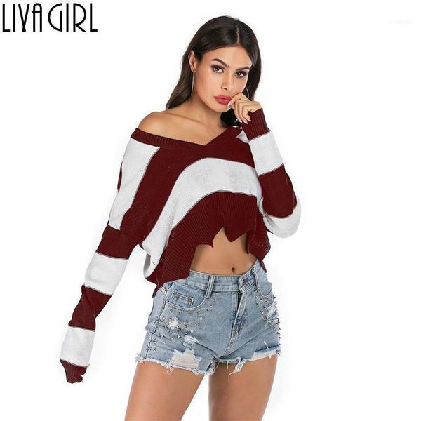 

loose knitted crop jumper personality splicing color stripe comfort soft long sleeve daily leisure women v-neck sweater1, White;black
