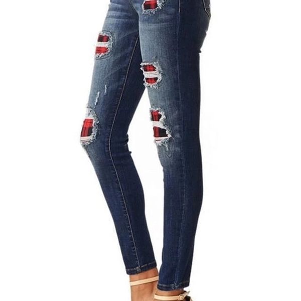 

ripped holes patchwork denim jeans autumn women high waist retro skinny pencil jeans lady casual trousers stretch pant plus size, Blue