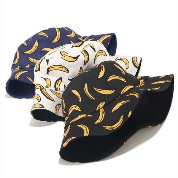 

women men couples bohemian banana print bucket hat summer reversible packable hip hop harajuku streetwear canvas fisherman cap, Blue;gray