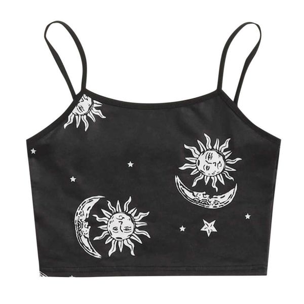 

women black camis o-neck sun moon print crop sleeveless y2k gothic short tank slim fit clubwear mujer chaleco a40 y0622, White