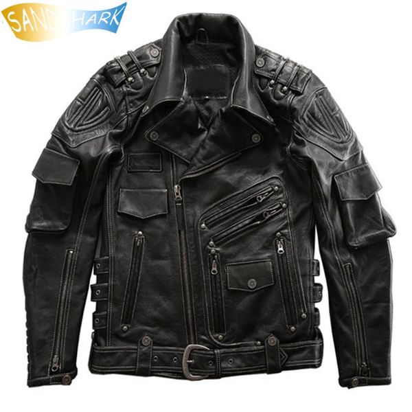 

men's leather & faux 100% genuine jacket for men 2021 cowhide motor coats male multi-pocket lapel winter overcoat factory direct supply, Black