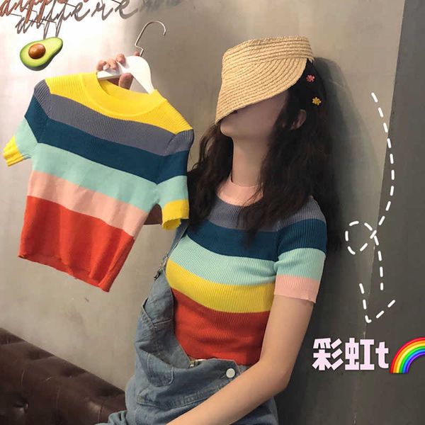 

t-shirt women knit rainbow striped harajuku tee summer short sleeve navel skinny stitching korean punk crop female 210527, White