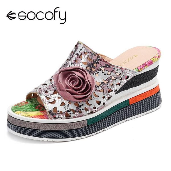 

dress shoes socofy genuine leather sandals hollow pattern splicing floral wedges heel casual slip on elegant summer women 2021, Black