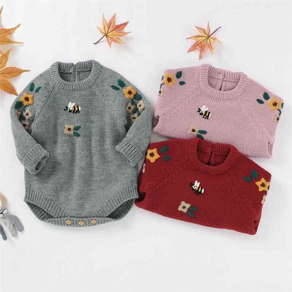 

baby boys girls rompers clothes autumn winter infant boy girl kids embroider knitting long sleeve 210521, Blue