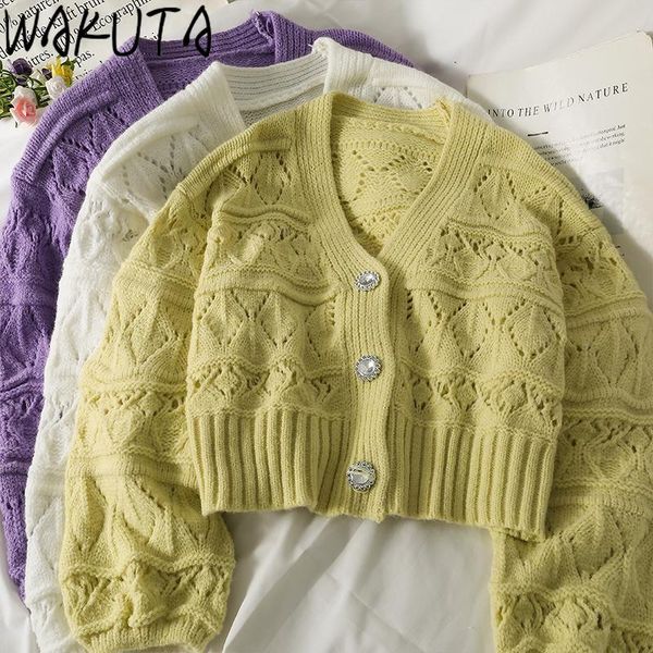 

women's knits & tees wakuta oversized hollow out long sleeve knitted cardigan all match elegant v neck single breasted sweaters 2021 au, White