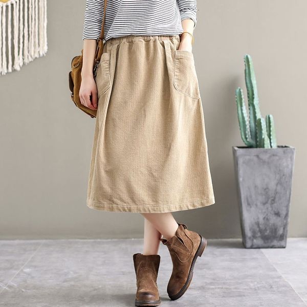 

arrival autumn female-style casual to-line elastic waistline skirts double pocket cotton vintage velvet skirt long m288, Black
