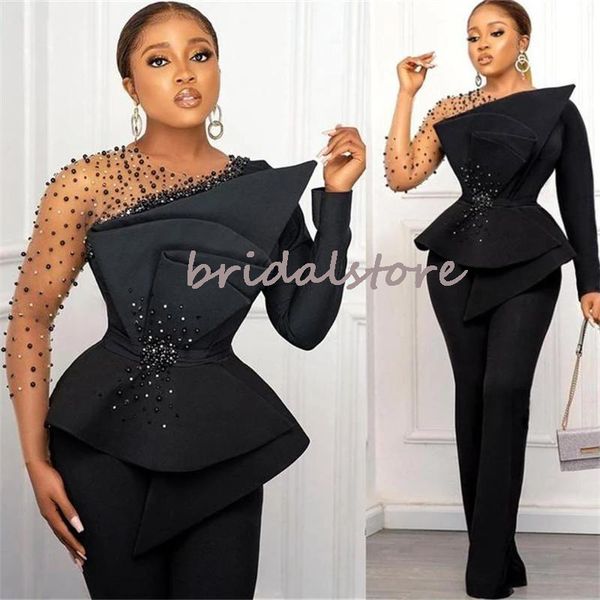 Chique Africano Africano Aso Ebi Prom Vestidos 2022 com manga comprida frisada Plus size vestido de noite jumpsuit jantar de jantar desgaste cetim roupas calça especial ocasião vestido