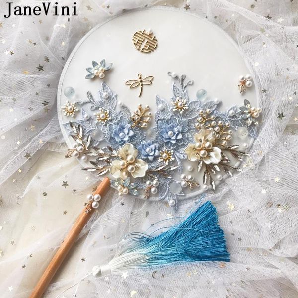 

wedding flowers janevini 2021 luxury blue chinese bridal fan lace handmade pearls gradient tassel traditional bride bouquets