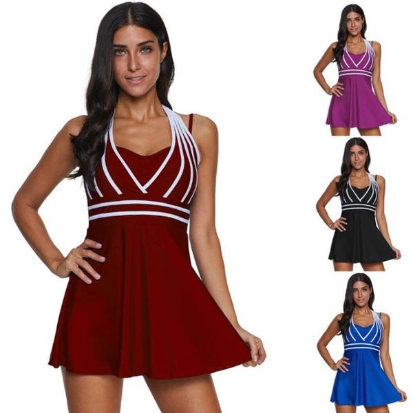 

one-piece suits plus size beach dress 2021 fashion style solid color stripes multicolor halter skirt type 4xl swimsuit for women