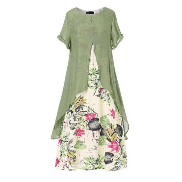 

women floral print sundress breathable linen blend pacthwork long dress short sleeve ladies vintage party vestido femme dresses casual, Black;gray