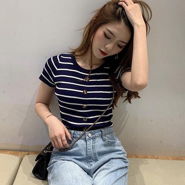 

women's t-shirt womens stripes skinny o collar short sleeve slim buttons knitted under wear t shirt casual tees, White