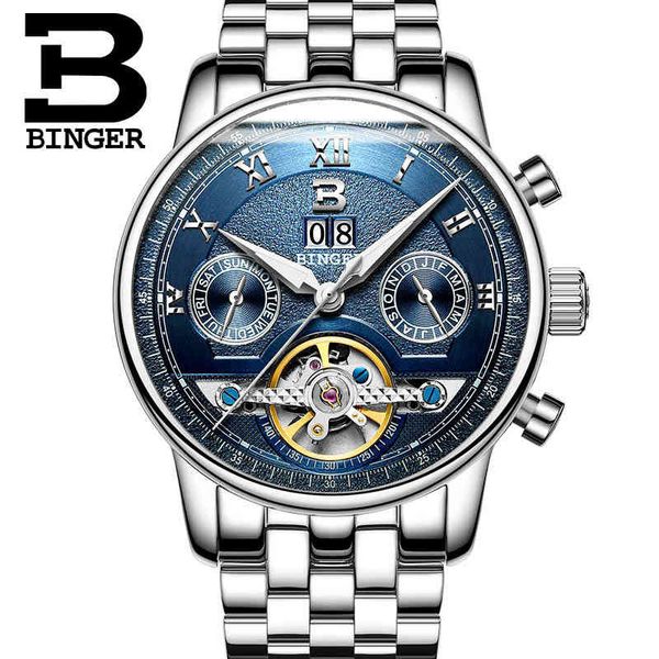 

binger men mechanical watches original luxury brand complete steel waterproof 30 m business automatic for men, Slivery;brown