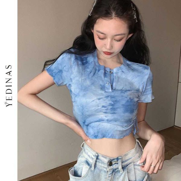 Yedinas Blue Tie Dye Crop Top Donna Sexy Slim T-shirt T-shirt manica corta stile coreano E Girl Harajuku Fold Design Chic Top 210527