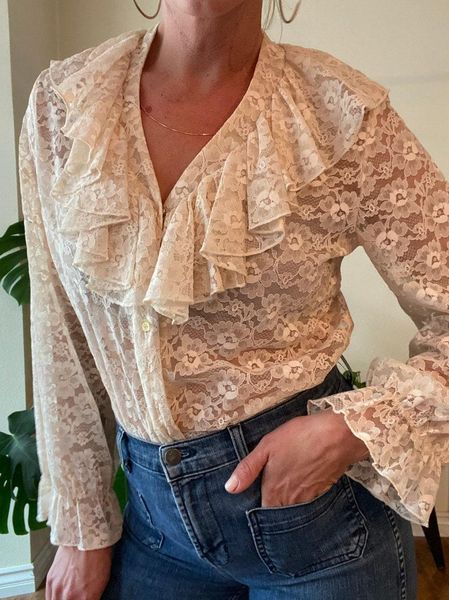 

women's blouses & shirts 2021 autumn elegant blouse women long sleeve ruffle v neck lace sheer and casual vintage female, White