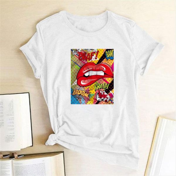 

red lips print funny summer womens fashion graphic tees rock femme short sleeve aesthetic, White