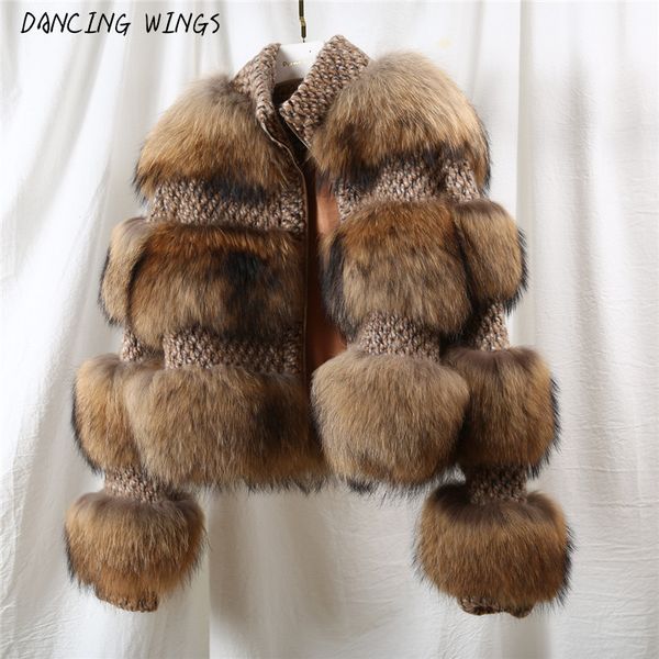 

women's trench coats women real fur thicken winter warm whole skin raccoon patchwork wool short jacket r8ix, Tan;black
