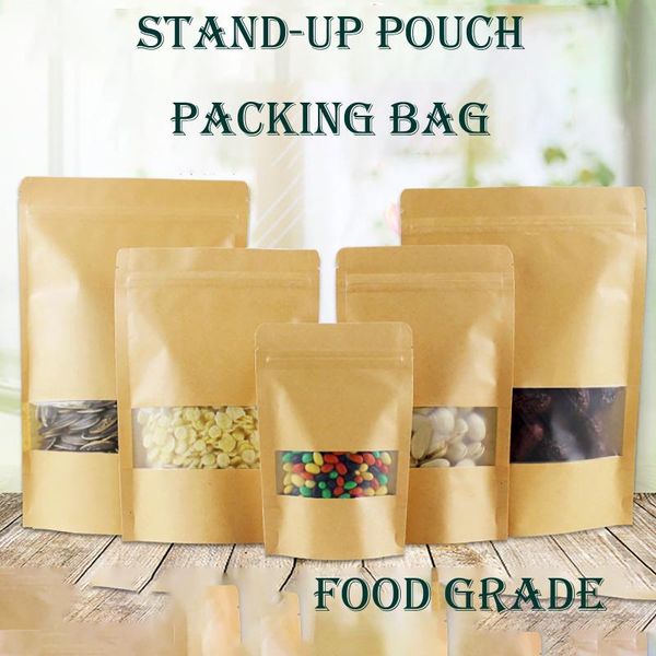 

storage bags 50pcs kraft paper stand up zipper candy tea dried fruit gift packaging moisture-proof open window pouch
