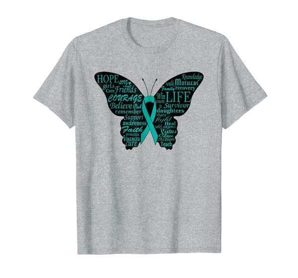 

ovarian cancer awareness t shirt-teal ribbon butterfly gift, White;black