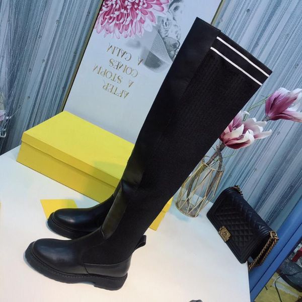 

boots 2021 women's black genuine leather over the knee mixed socks winter shoes size35-42