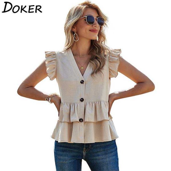 

solid color casual single breasted ruffle short sleeve women shirt v neck office all-match spring female 210604, White