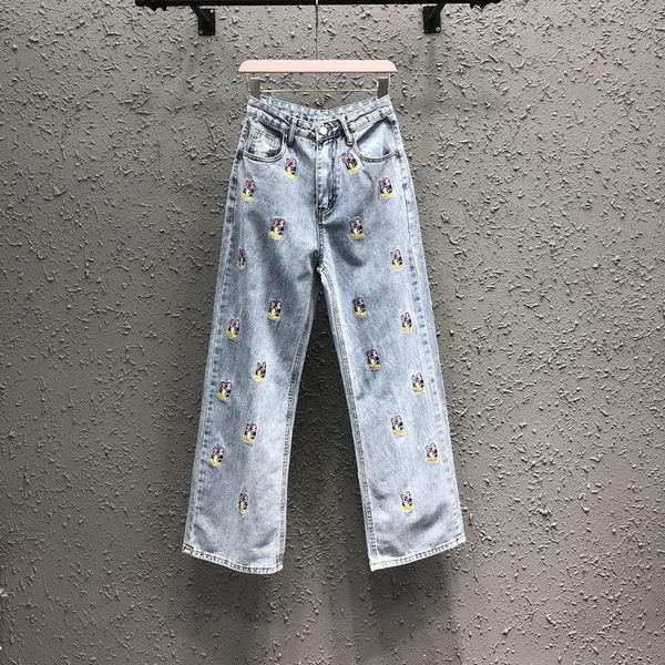 

women's jeans cartoon embroidery female denim trousers 2021 autumn fashion light blue wide leg jean high waist straight deim pants casu