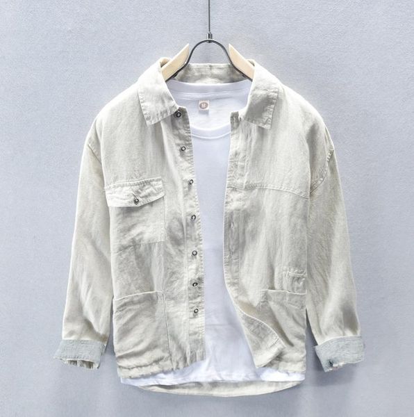 

spring lapel long sleeve cardigan pocket linen casual solid drawstring shirt coat men's fashion 1005 shirts, White;black