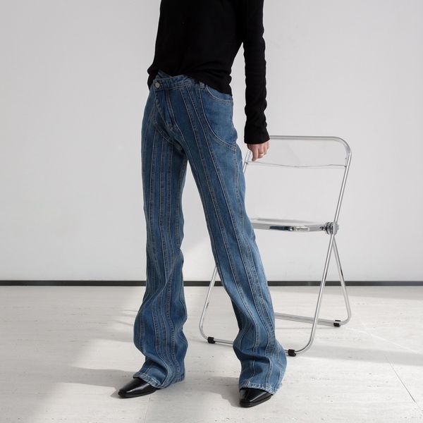 

with vintage nervus plied female jeans fashion ragged low thin waist brem pants long spring 2021, Blue