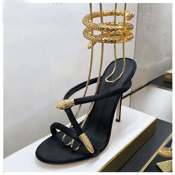 

gold snake ankle strap gladiator sandals woman open toe high heel shoes women fashion party, Black